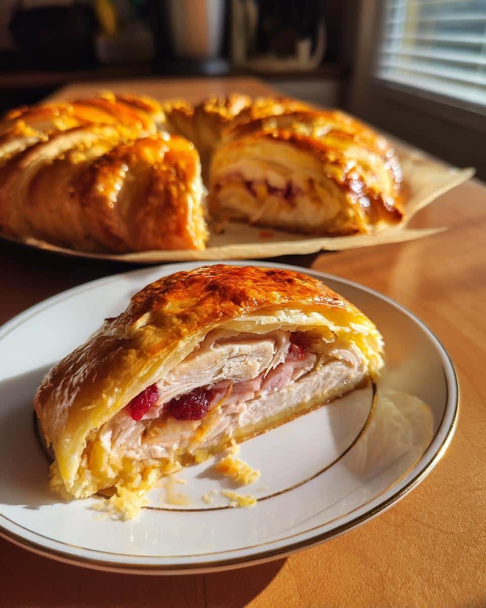 Savory Turkey Ring: Ditch Dreadful Leftovers 8 A slice of Savory Turkey and Cranberry Crescent Ring on a plate, showcasing the layers of turkey, cranberry sauce, and flaky crust.