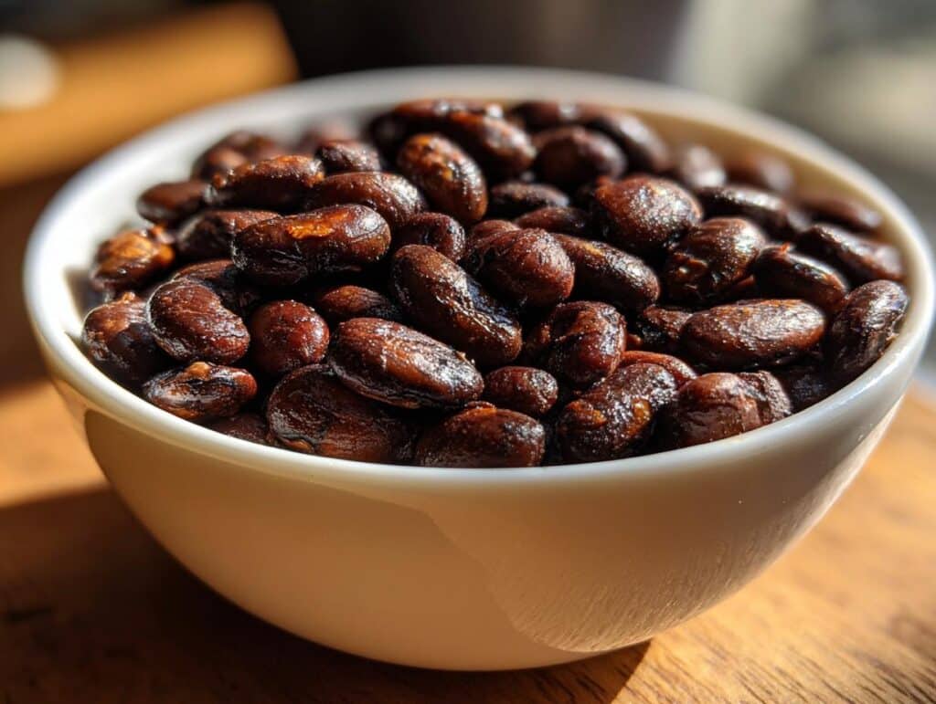 Close-up of a bowl filled with quick and easy seasoned vegan black beans, glistening with spices.