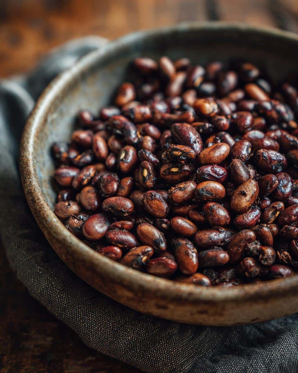 Quick and Easy Seasoned Vegan Black Beans Recipe: A Sin 7 Close-up of a bowl filled with Quick and Easy Seasoned Vegan Black Beans on a textured cloth.