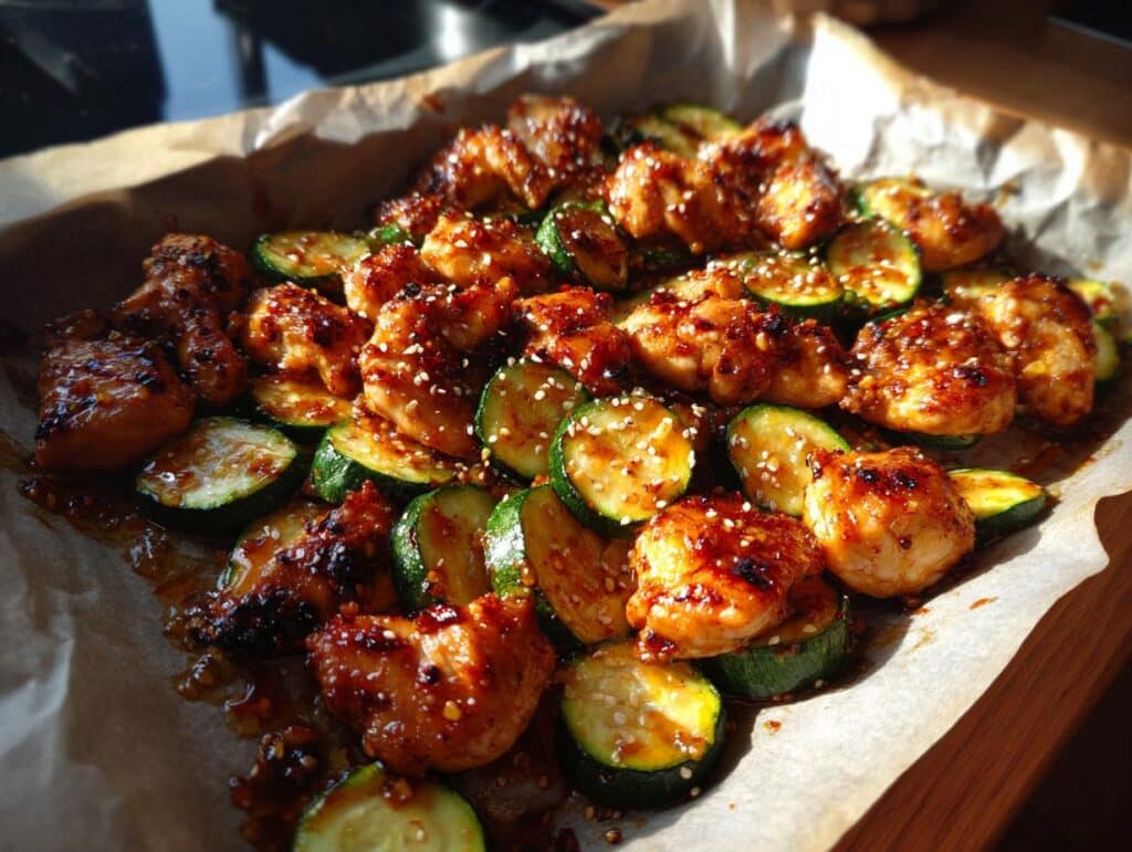 Sheet Pan Hot Honey Garlic Chicken and Zucchini, glazed and sprinkled with sesame seeds, on parchment paper.
