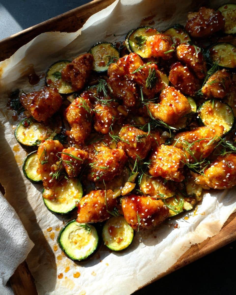Sheet Pan Hot Honey Garlic Chicken: 35-Minute Unhappy Meal 6 Overhead shot of Sheet Pan Hot Honey Garlic Chicken and Zucchini, garnished with sesame seeds and dill.