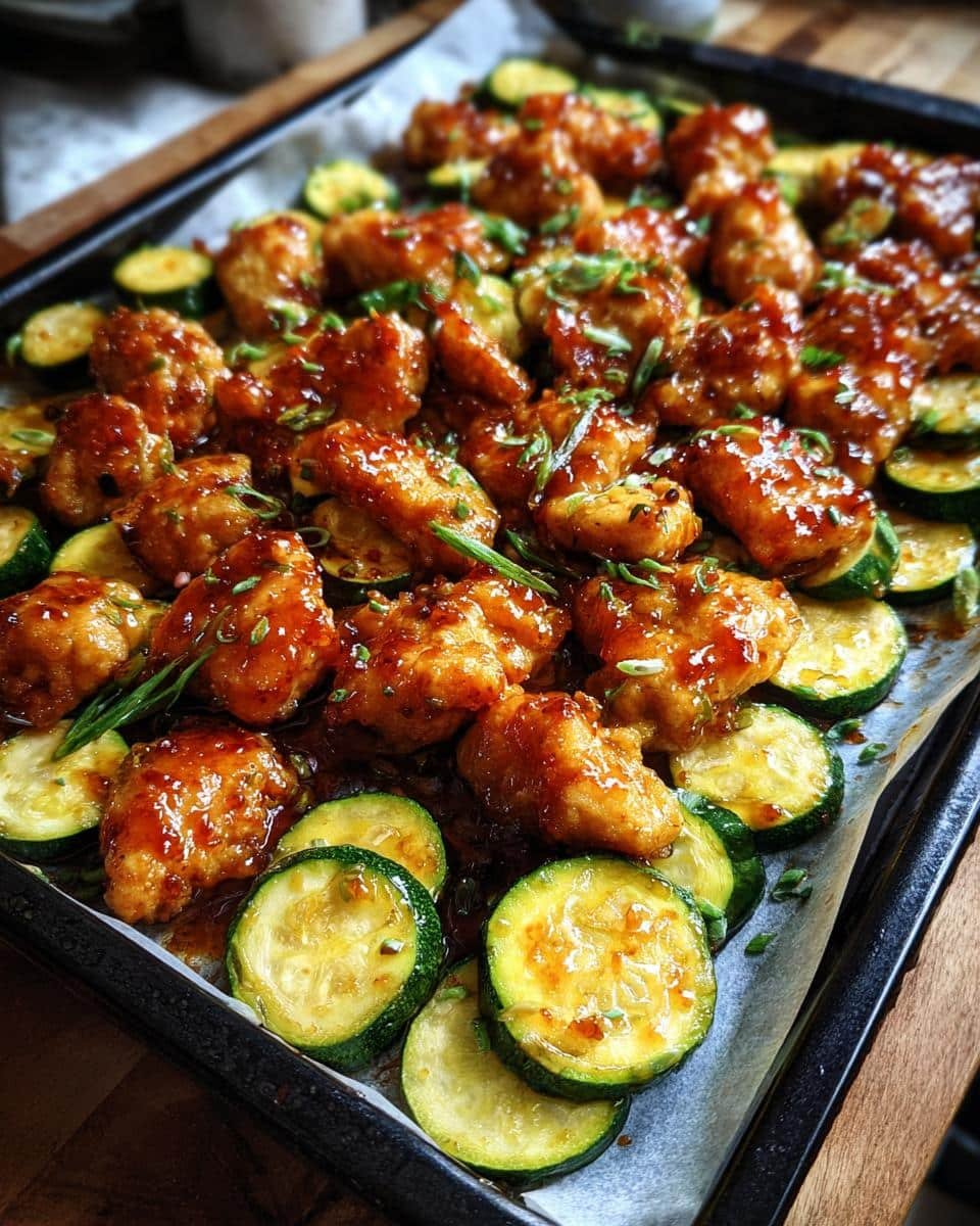 Sheet Pan Hot Honey Garlic Chicken: 35-Minute Unhappy Meal 7 Sheet pan with hot honey garlic chicken and zucchini, garnished with green onions.