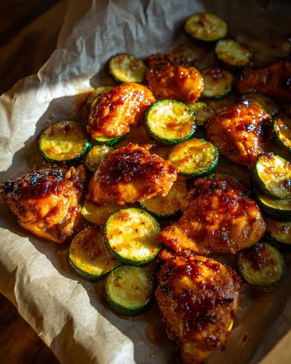Sheet Pan Hot Honey Garlic Chicken: 35-Minute Unhappy Meal 8 Sheet Pan Hot Honey Garlic Chicken and Zucchini, glazed and arranged on parchment paper.