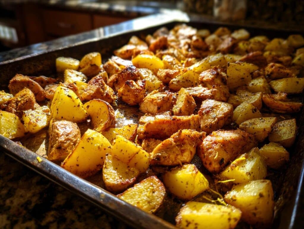 Golden Sheet Pan Lemon Balsamic Chicken Potatoes roasted to perfection on a baking sheet.