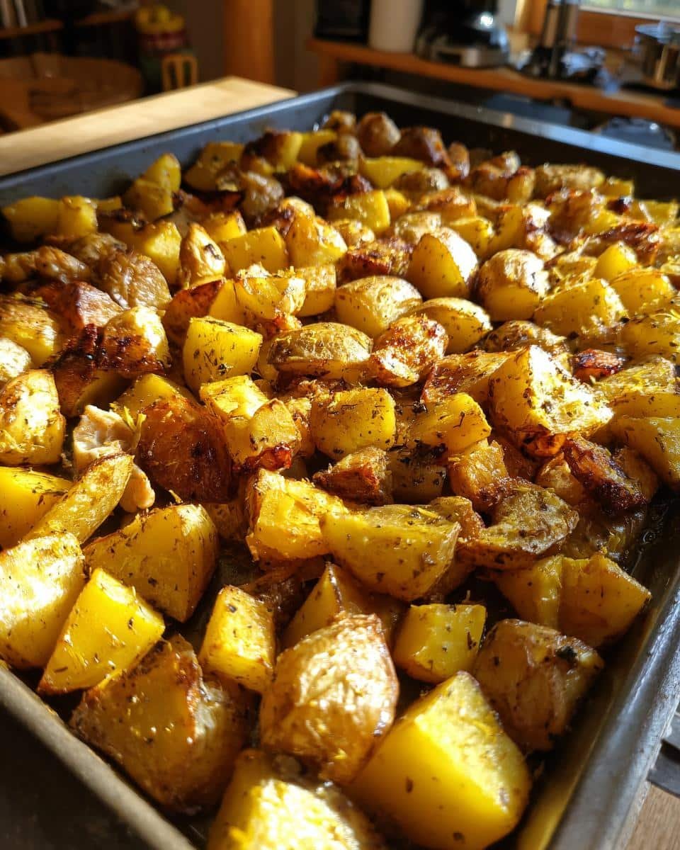 Fail-Proof Sheet Pan Lemon Balsamic Chicken Potatoes in 30 7 Close up of roasted Sheet Pan Lemon Balsamic Chicken Potatoes on a baking sheet.