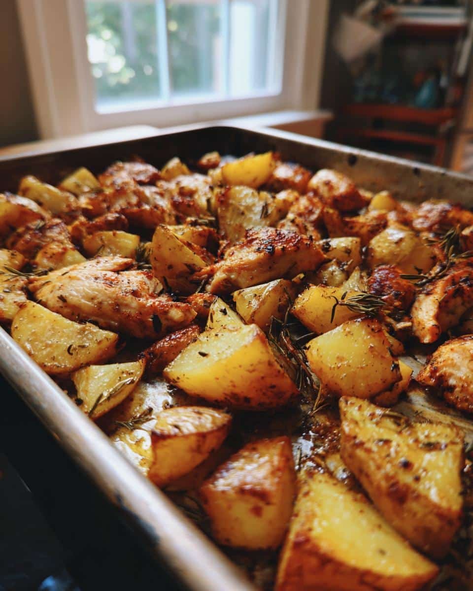 Fail-Proof Sheet Pan Lemon Balsamic Chicken Potatoes in 30 8 Close-up of Sheet Pan Lemon Balsamic Chicken Potatoes with herbs on a baking sheet.