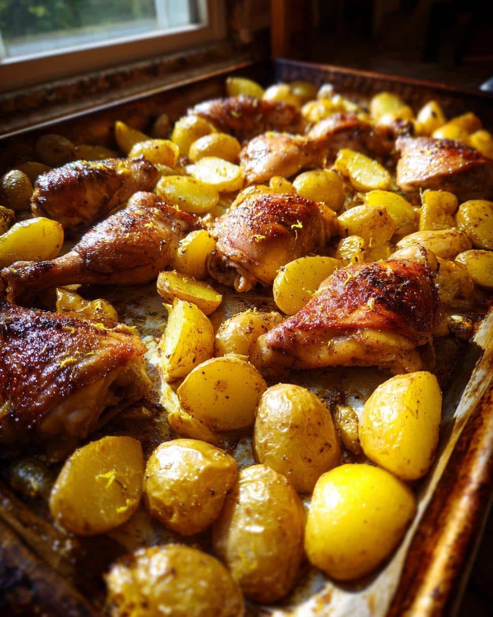 Fail-Proof Sheet Pan Lemon Balsamic Chicken Potatoes in 30 9 Overhead view of Sheet Pan Lemon Balsamic Chicken Potatoes on a baking sheet, ready to serve.