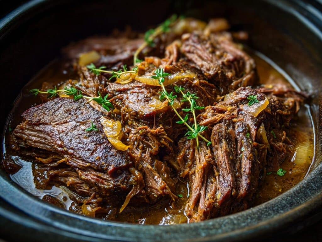 Close-up of Slow Cooker French Onion Pot Roast with caramelized onions and thyme.