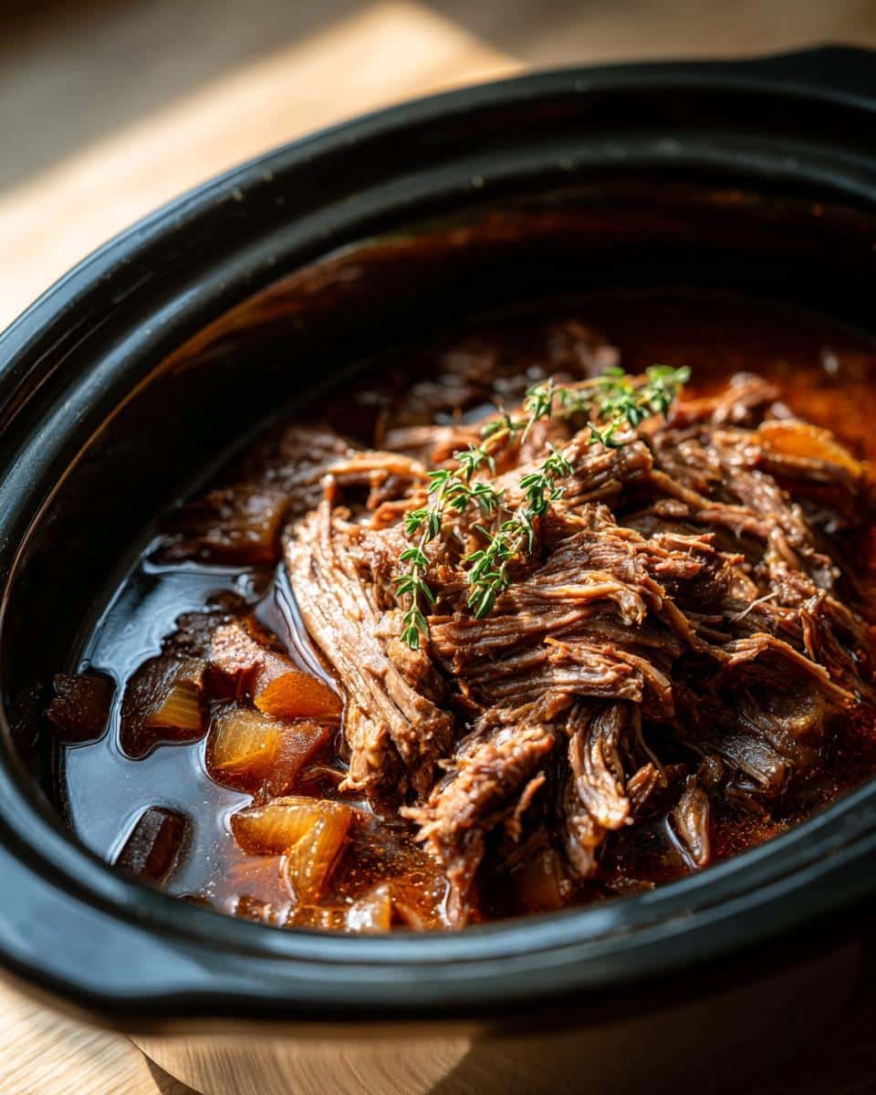 Slow Cooker French Onion Pot Roast Recipe: Sinfully Tender 6 Close-up of Slow Cooker French Onion Pot Roast with onions and herbs in a slow cooker.