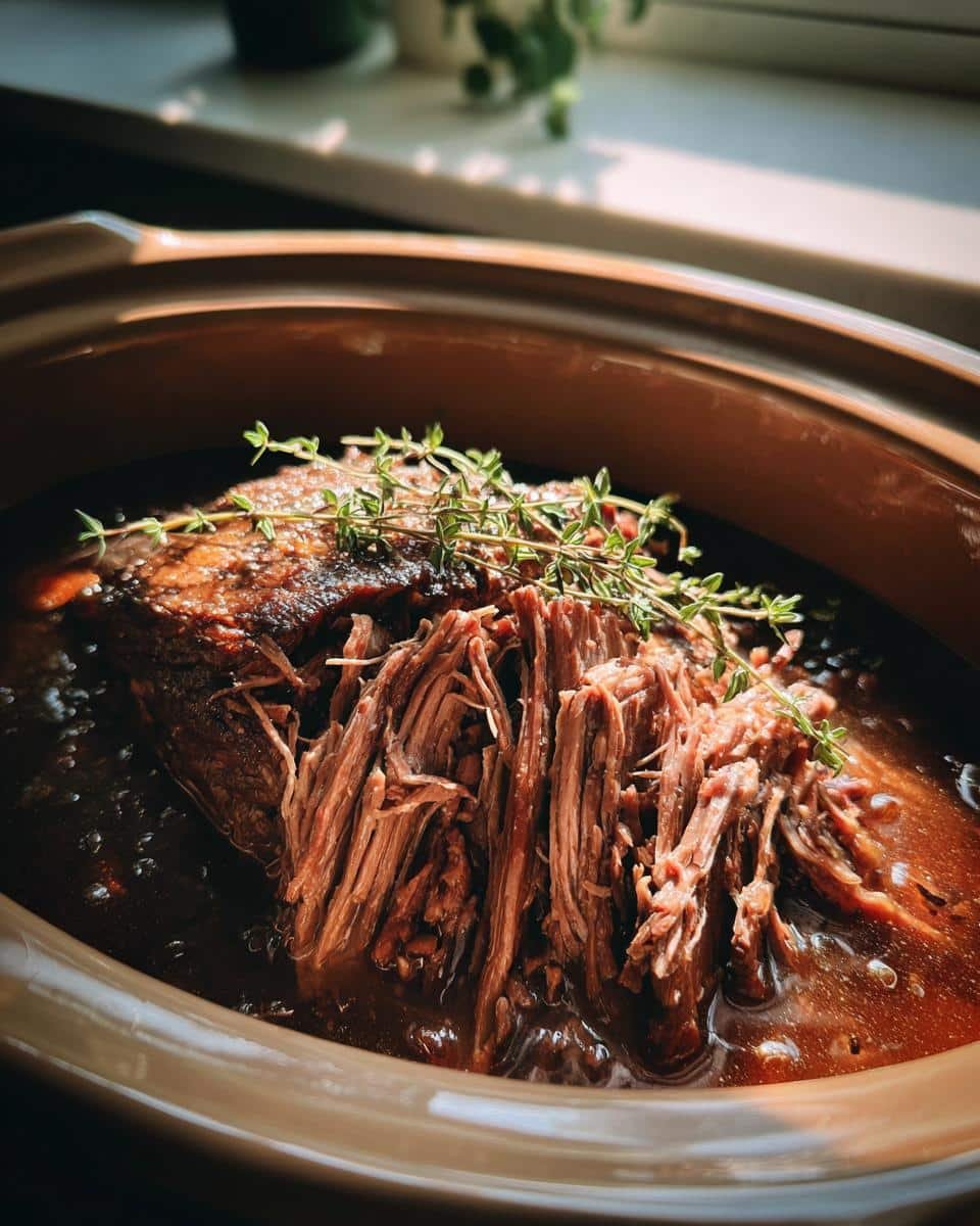 Slow Cooker French Onion Pot Roast Recipe: Sinfully Tender 7 Close-up of Slow Cooker French Onion Pot Roast in a slow cooker, garnished with thyme.