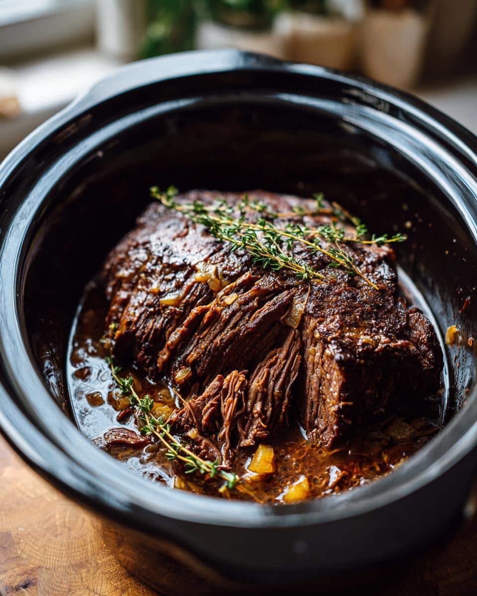 Slow Cooker French Onion Pot Roast Recipe: Sinfully Tender 8 Slow Cooker French Onion Pot Roast in a black slow cooker, garnished with thyme.
