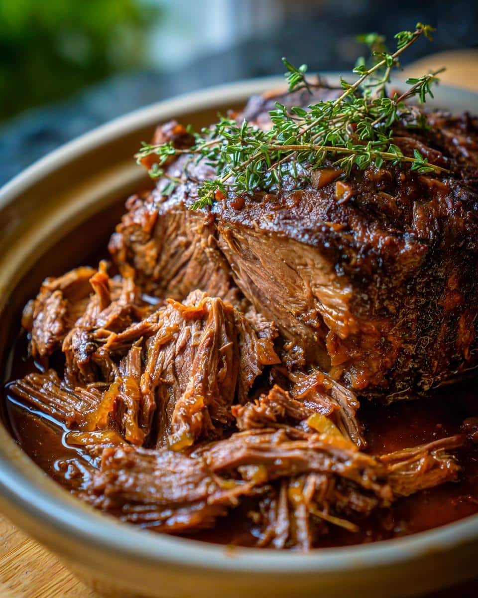Slow Cooker French Onion Pot Roast Recipe: Sinfully Tender 9 Close-up of Slow Cooker French Onion Pot Roast with thyme garnish, showing tender, shredded beef.