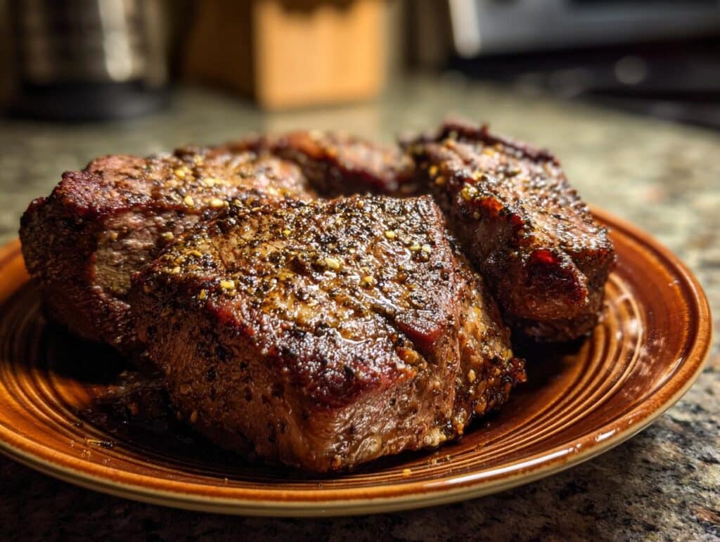Close-up of Slow Cooker Garlic Butter Beef Bites on a brown plate, seasoned and ready to eat.