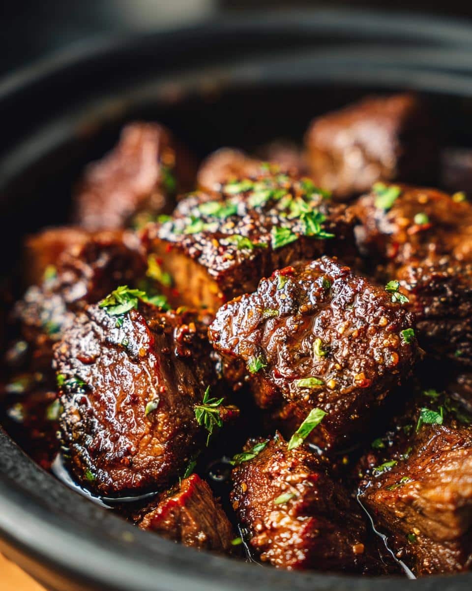 Slow Cooker Garlic Butter Beef Bites: 6 Ingredients, Amazing 6 Close-up of Slow Cooker Garlic Butter Beef Bites in a slow cooker, garnished with fresh herbs.