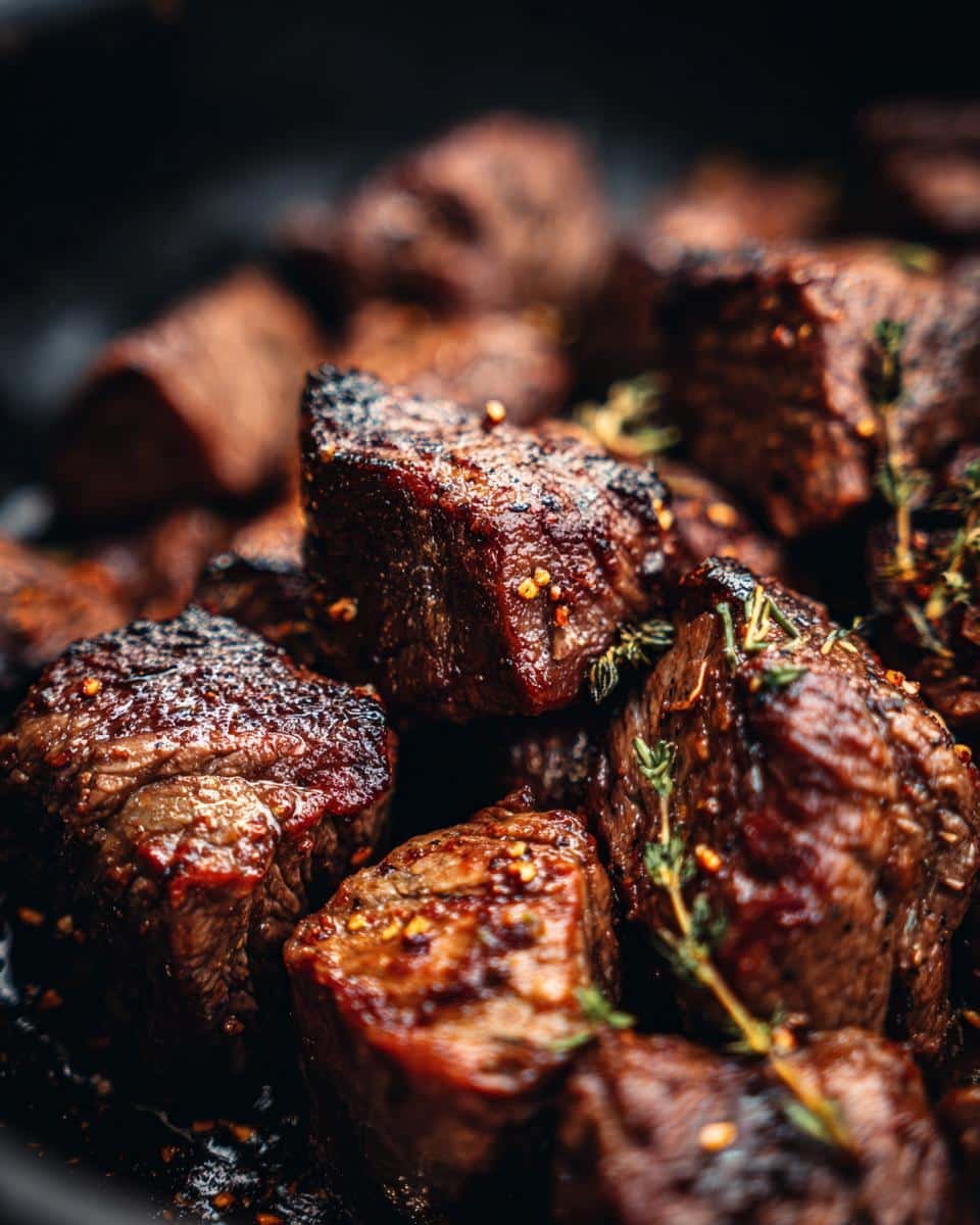 Slow Cooker Garlic Butter Beef Bites: 6 Ingredients, Amazing 7 A close-up of Slow Cooker Garlic Butter Beef Bites, seasoned and garnished with thyme.
