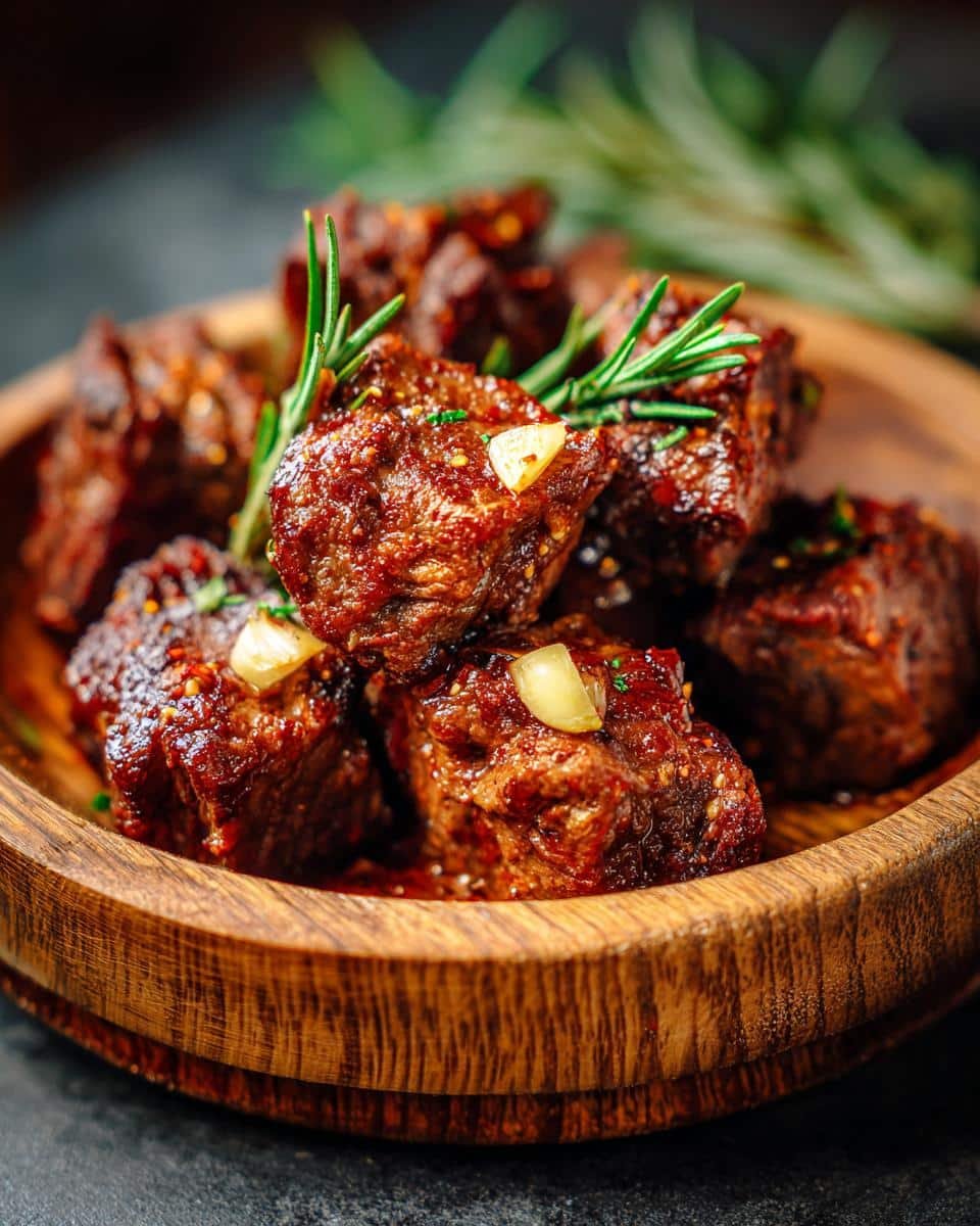 Slow Cooker Garlic Butter Beef Bites: 6 Ingredients, Amazing 8 Wooden bowl filled with Slow Cooker Garlic Butter Beef Bites, garnished with rosemary and garlic.