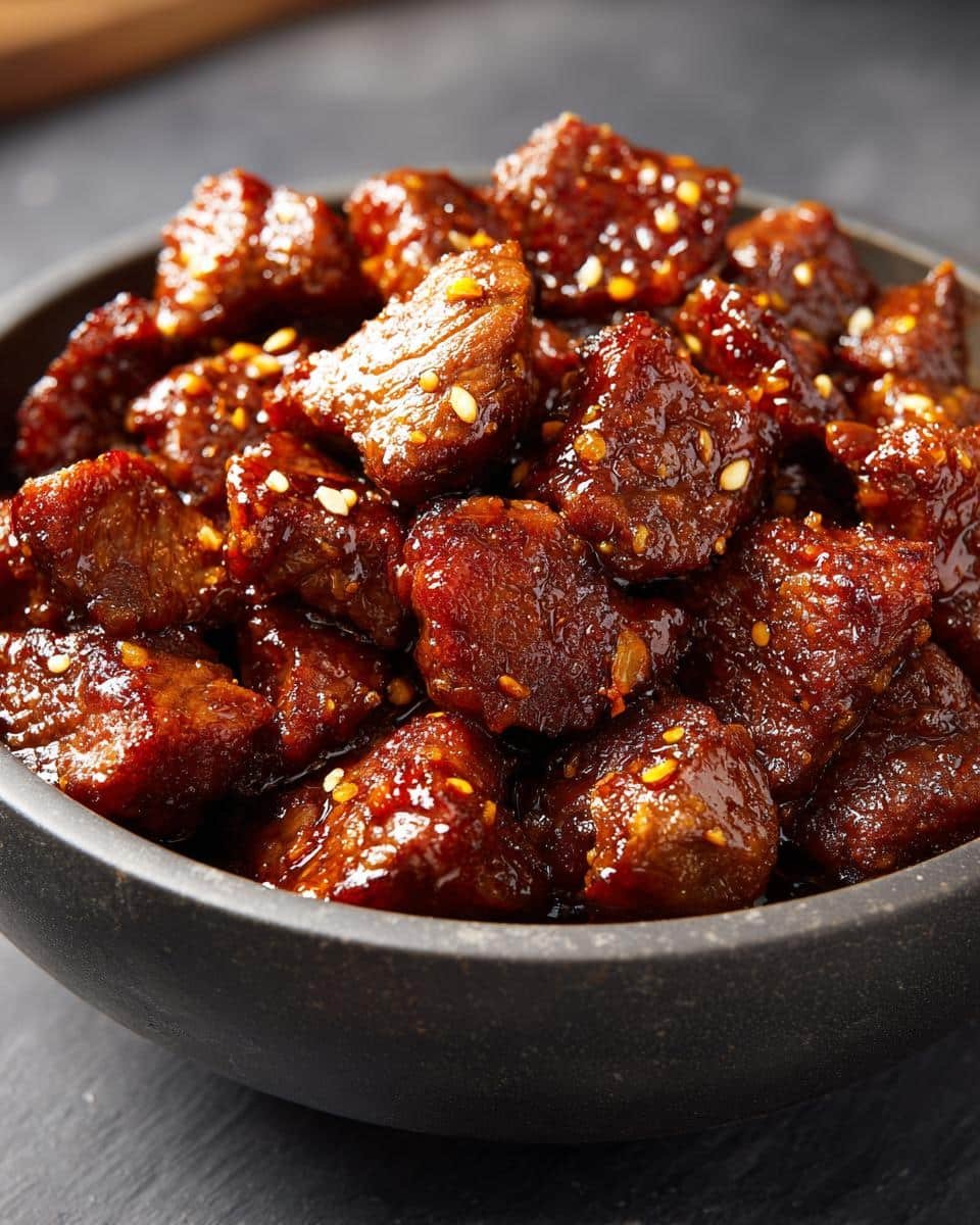 Slow Cooker Garlic Butter Beef Bites: 6 Ingredients, Amazing 9 Close-up of Slow Cooker Garlic Butter Beef Bites in a dark bowl, coated in a shiny sauce and sprinkled with sesame seeds.