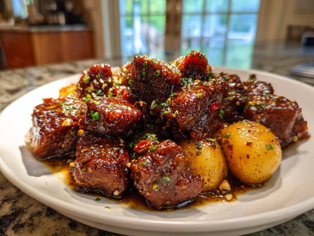 Close-up of Slow Cooker Garlic Butter Beef Bites & Potatoes on a white plate, garnished with herbs.