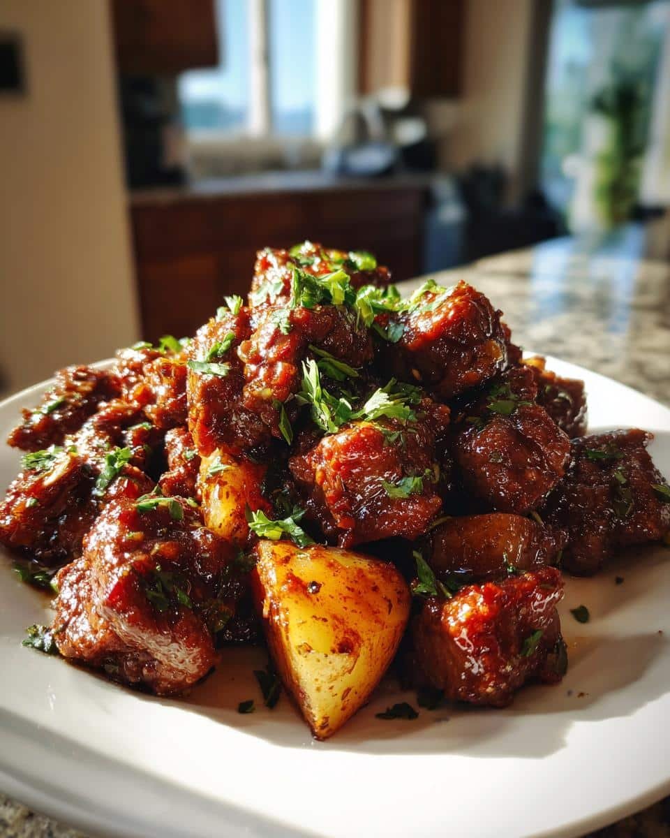 Unbelievable Slow Cooker Garlic Butter Beef Bites & Potatoes 7 A plate of Slow Cooker Garlic Butter Beef Bites & Potatoes, garnished with fresh parsley.