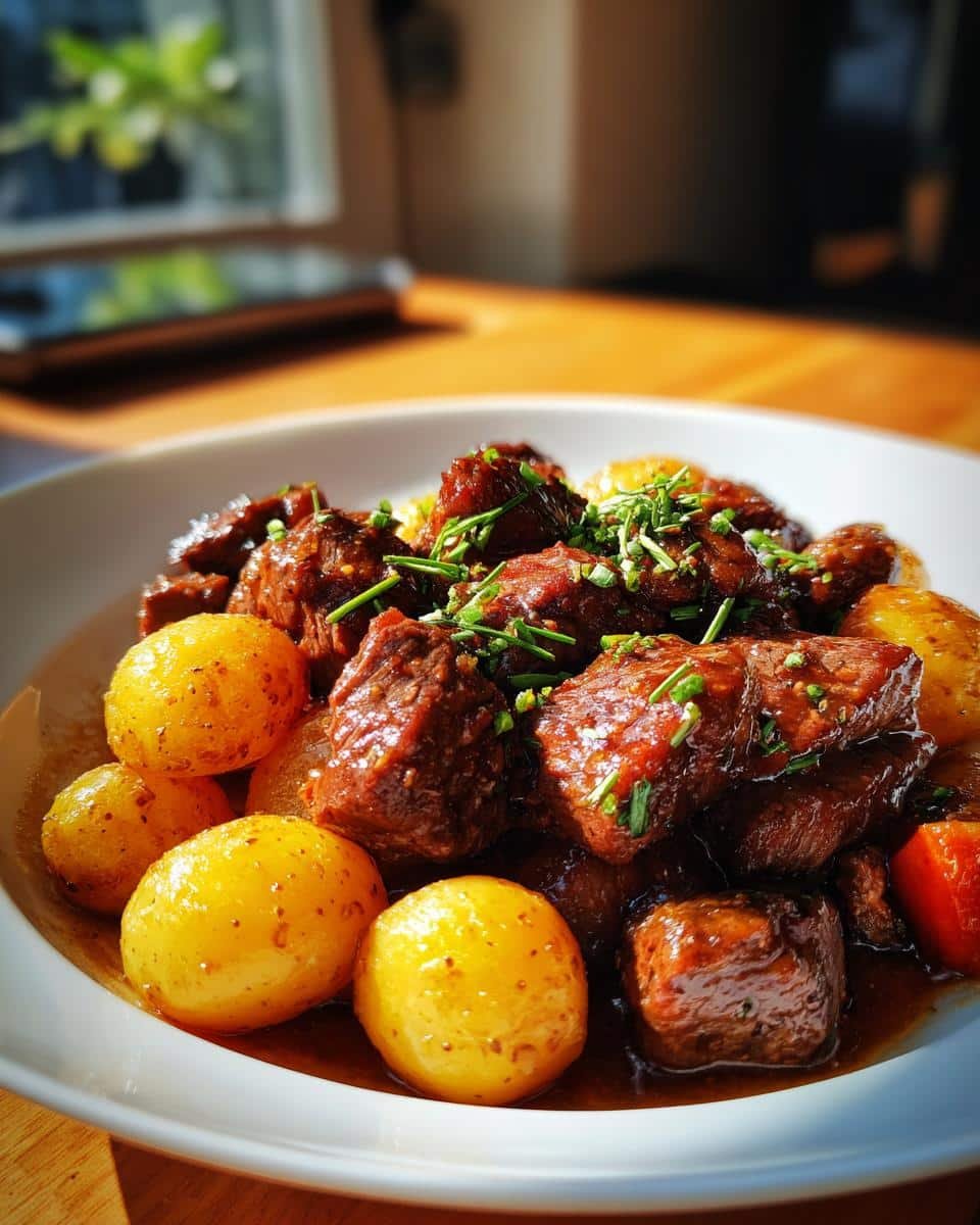 Unbelievable Slow Cooker Garlic Butter Beef Bites & Potatoes 8 A close-up of Slow Cooker Garlic Butter Beef Bites & Potatoes, garnished with fresh herbs on a white plate.