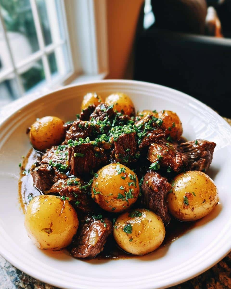 Unbelievable Slow Cooker Garlic Butter Beef Bites & Potatoes 9 A bowl of Slow Cooker Garlic Butter Beef Bites & Potatoes, garnished with fresh herbs.