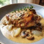 A delicious serving of Smothered Chicken Thighs Gravy, featuring golden-brown chicken, mushrooms, and onions in a creamy sauce.