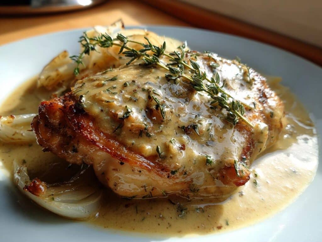 A delicious plate of Smothered Chicken Thighs Gravy, garnished with fresh thyme and served with onions.