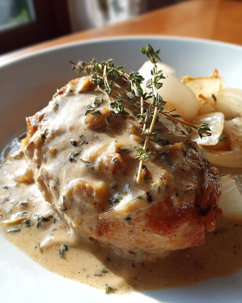 Easy Smothered Chicken Thighs Gravy, a Southern Delight 6 A delicious serving of Smothered Chicken Thighs Gravy, garnished with thyme and served with onions.