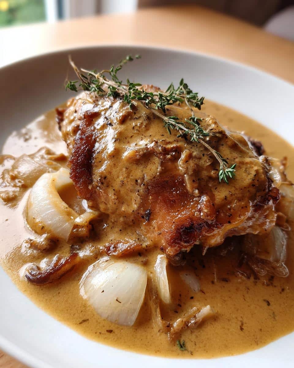 Easy Smothered Chicken Thighs Gravy, a Southern Delight 7 Close-up of Smothered Chicken Thighs Gravy, served with onions and garnished with thyme.