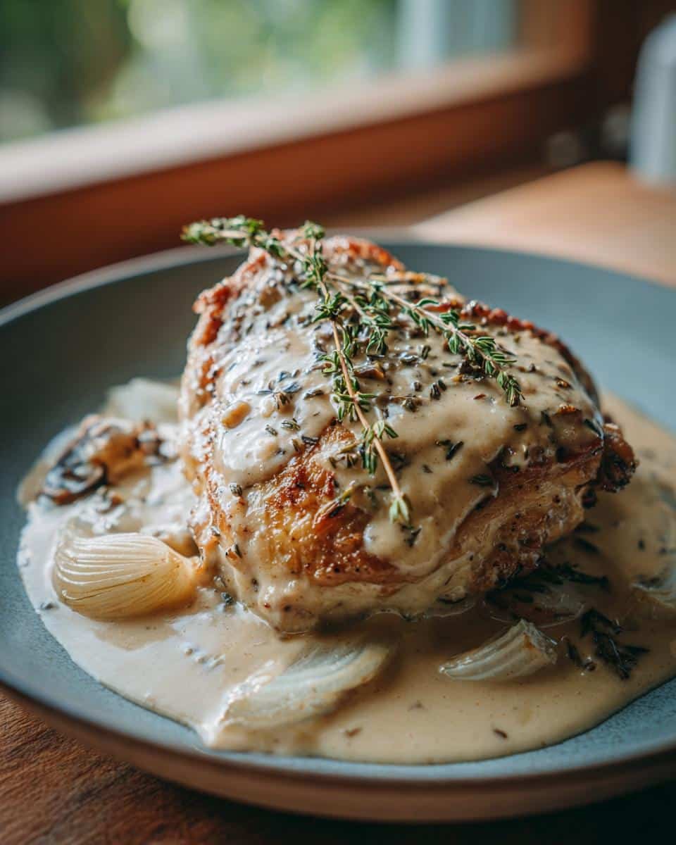 Easy Smothered Chicken Thighs Gravy, a Southern Delight 9 A plated serving of Smothered Chicken Thighs Gravy, garnished with fresh thyme and served with onions.