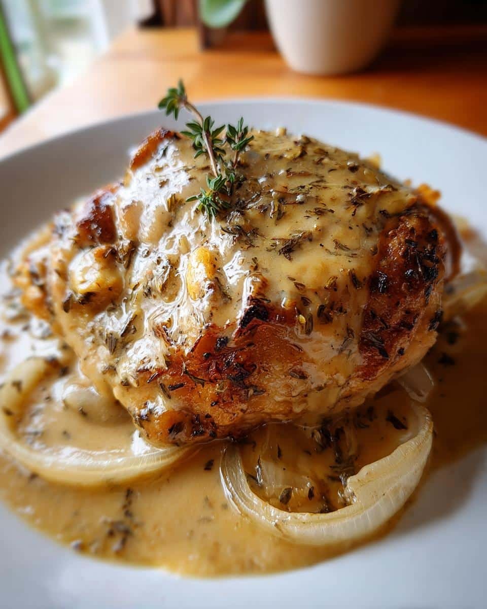 Easy Smothered Chicken Thighs Gravy, a Southern Delight 8 Close-up of Smothered Chicken Thighs Gravy served over onion slices, garnished with fresh thyme.