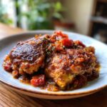 Two pieces of Smothered Skillet Chicken Cajun served on a plate with tomatoes and herbs.