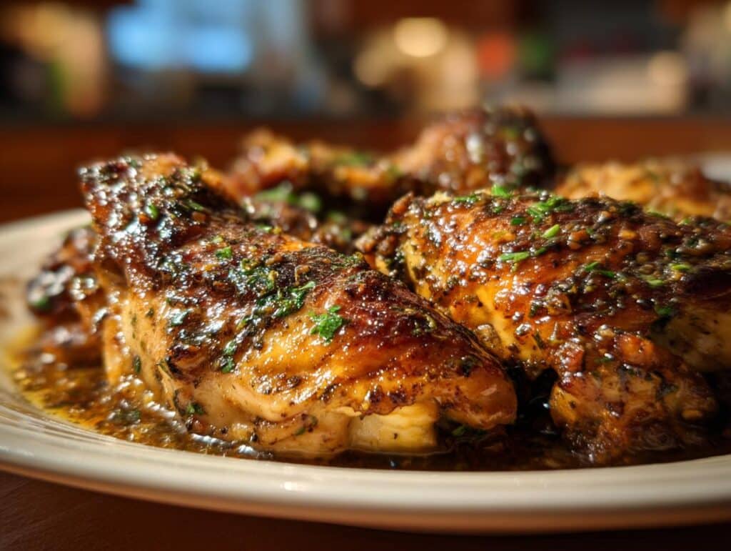 Close-up of Smothered Skillet Chicken Cajun on a plate, glistening with sauce and herbs.