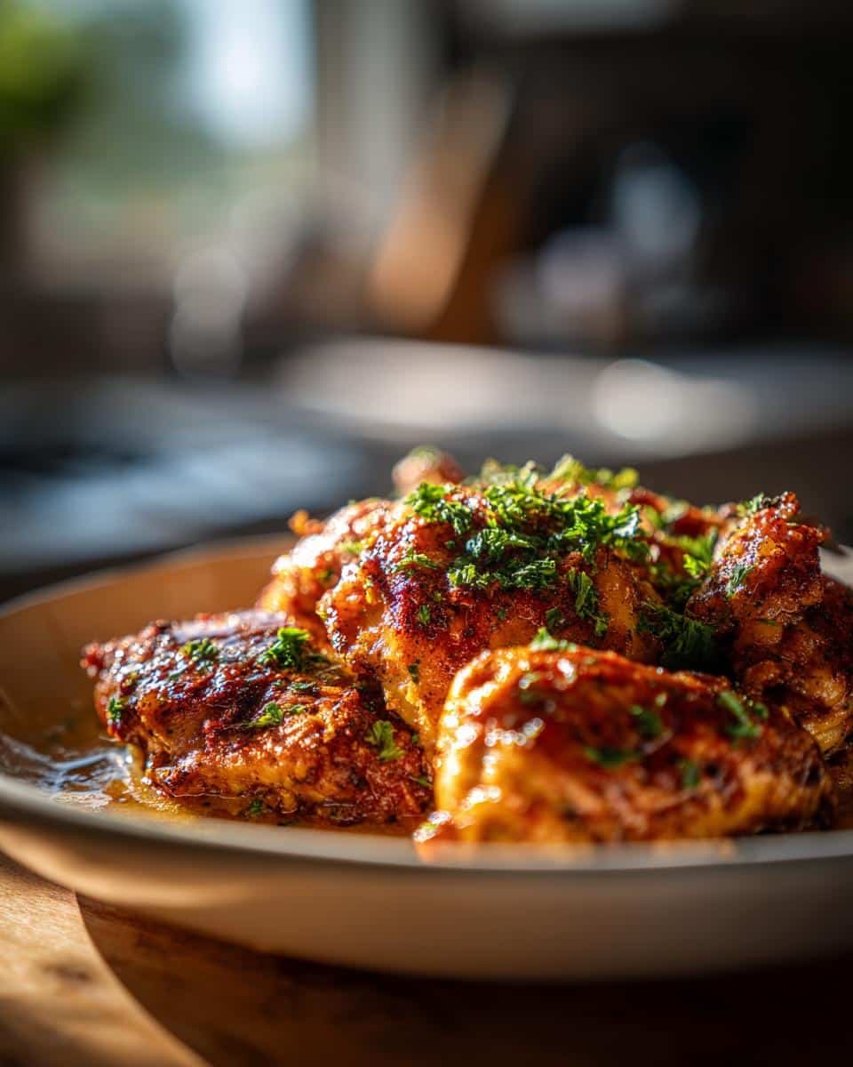 Smothered Skillet Chicken Cajun: 1 Unforgivable Mistake 6 Close-up of Smothered Skillet Chicken Cajun, garnished with fresh herbs, served on a plate.