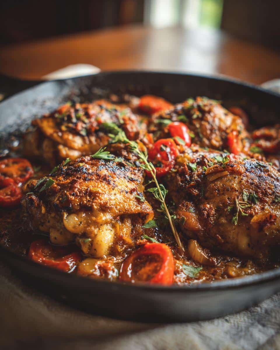 Smothered Skillet Chicken Cajun: 1 Unforgivable Mistake 8 Close-up of Smothered Skillet Chicken Cajun in a cast iron skillet with tomatoes and herbs.