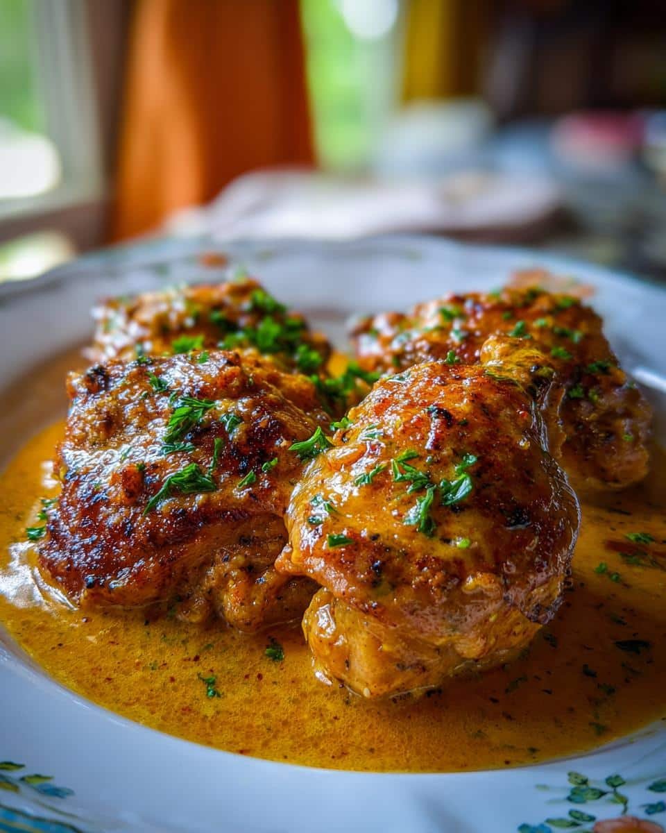 Smothered Skillet Chicken Cajun: 1 Unforgivable Mistake 9 Close-up of Smothered Skillet Chicken Cajun dish, featuring chicken thighs in a creamy sauce, garnished with parsley.