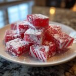 Pile of homemade Soft Christmas Peppermints dusted with powdered sugar on a white plate.