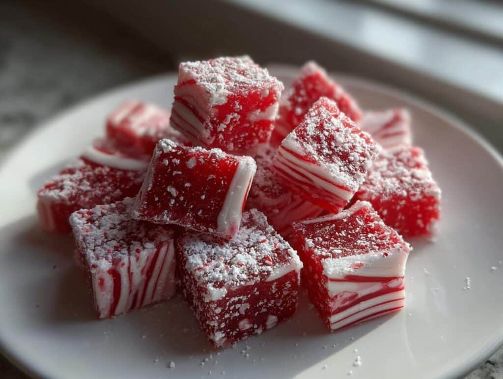 Pile of homemade soft Christmas peppermints, dusted with powdered sugar on a white plate.