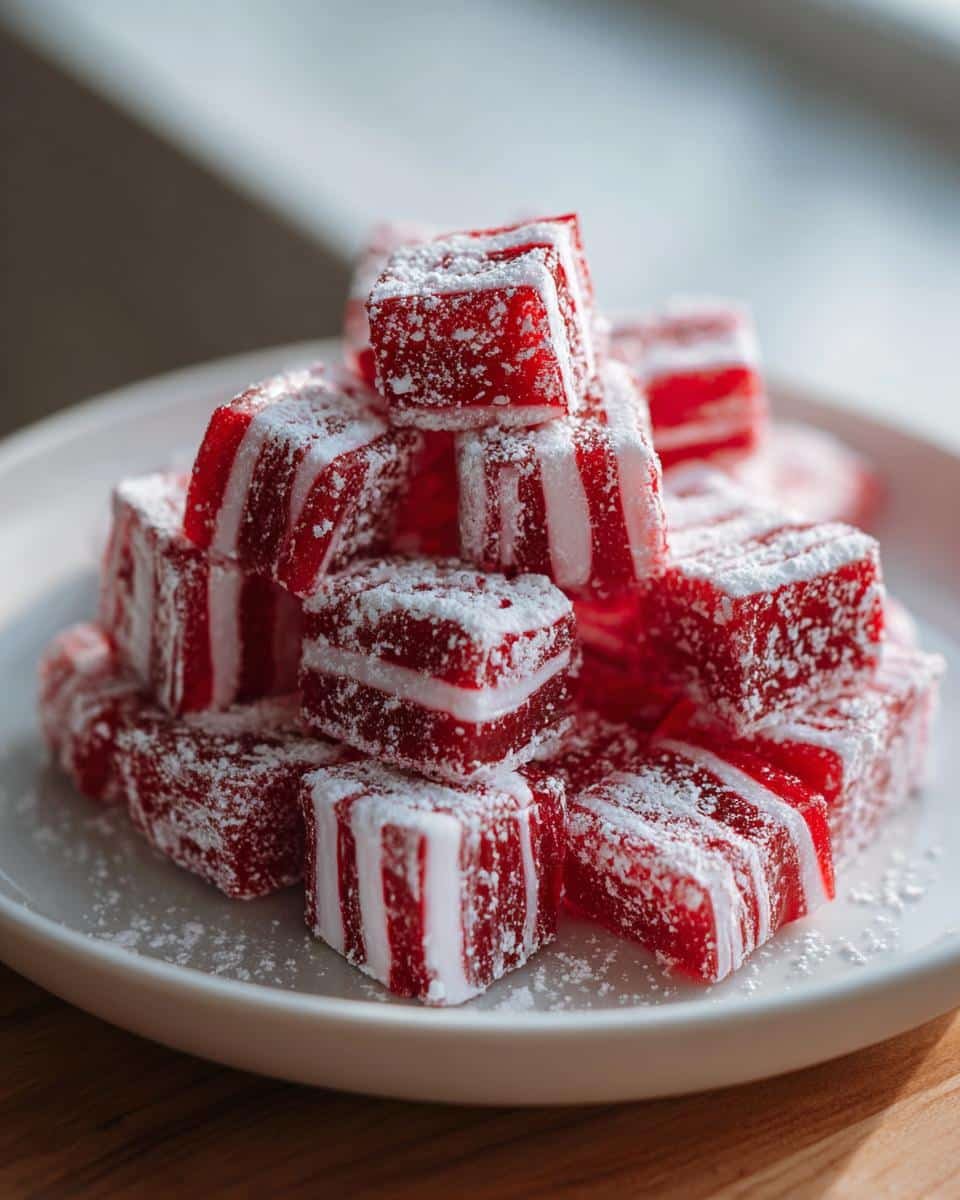 Foolproof Soft Christmas Peppermints Recipe: 7 Tips 8 A stack of homemade Soft Christmas Peppermints, striped and dusted with powdered sugar.