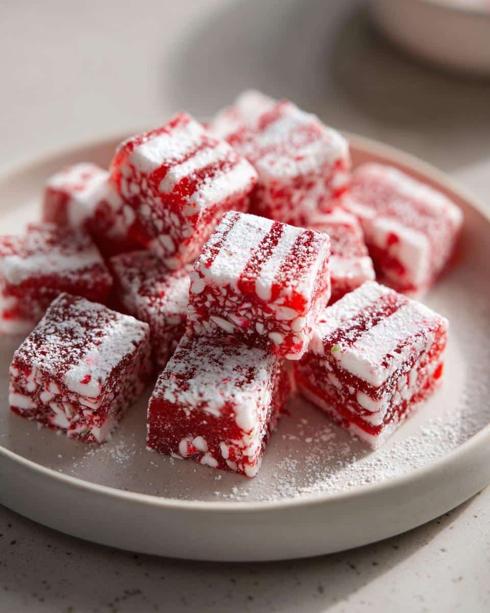 Foolproof Soft Christmas Peppermints Recipe: 7 Tips 9 A plate of homemade Soft Christmas Peppermints, red and white striped, dusted with powdered sugar.