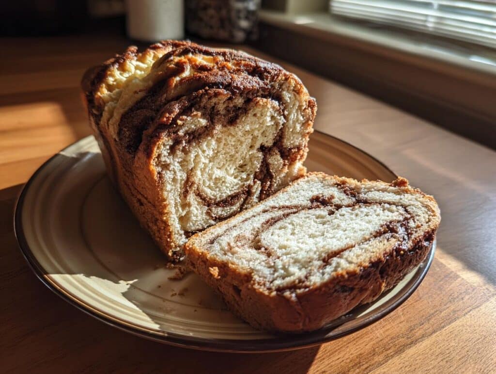 A sliced loaf of Sourdough Discard Cinnamon Quick Bread on a plate, showcasing the cinnamon swirl.