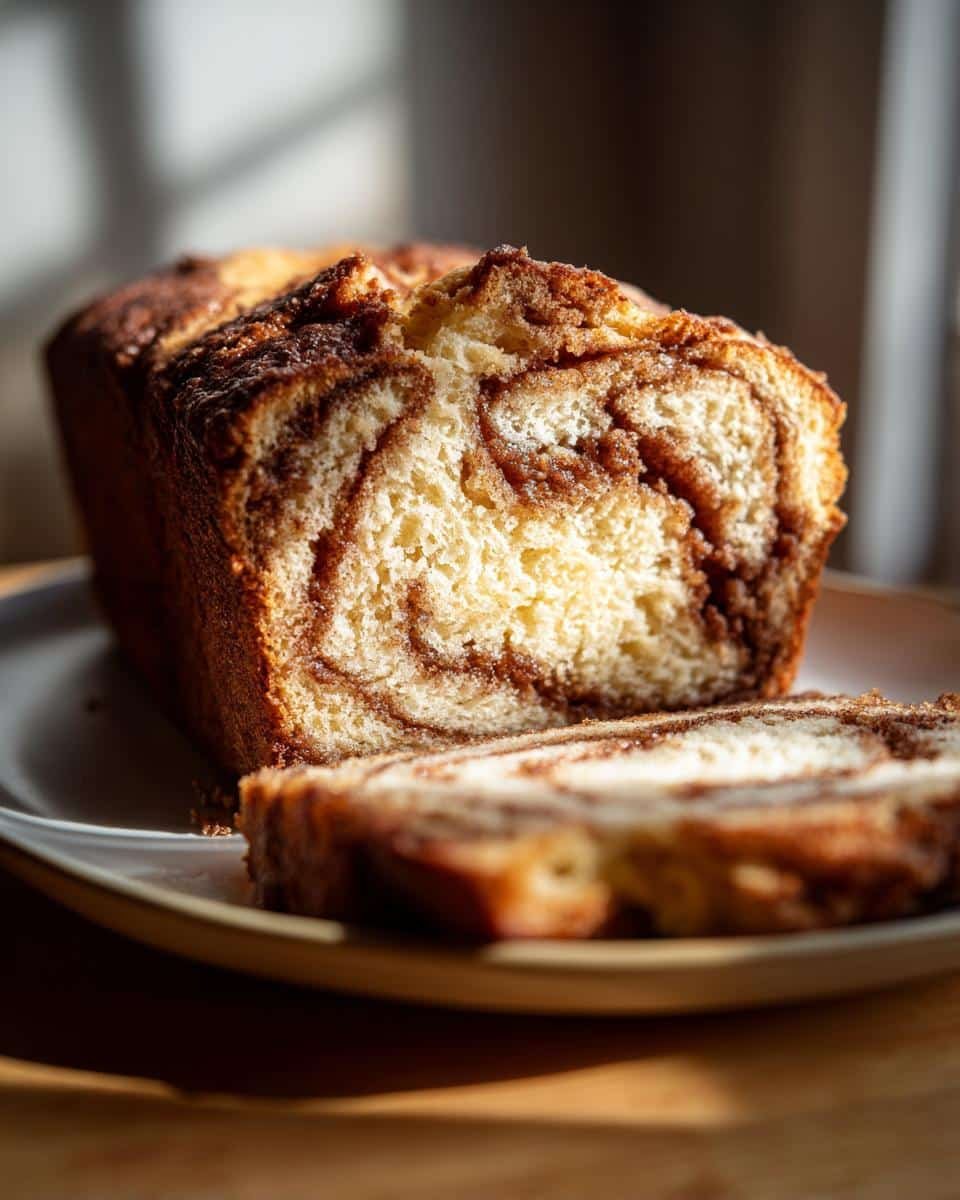 Easy Sourdough Discard Cinnamon Quick Bread in 1 Hour 6 A loaf of Sourdough Discard Cinnamon Quick Bread with a slice cut, showcasing the cinnamon swirl.