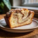 A slice of Sourdough Discard Cinnamon Quick Bread with icing on a plate, showcasing the cinnamon swirl.