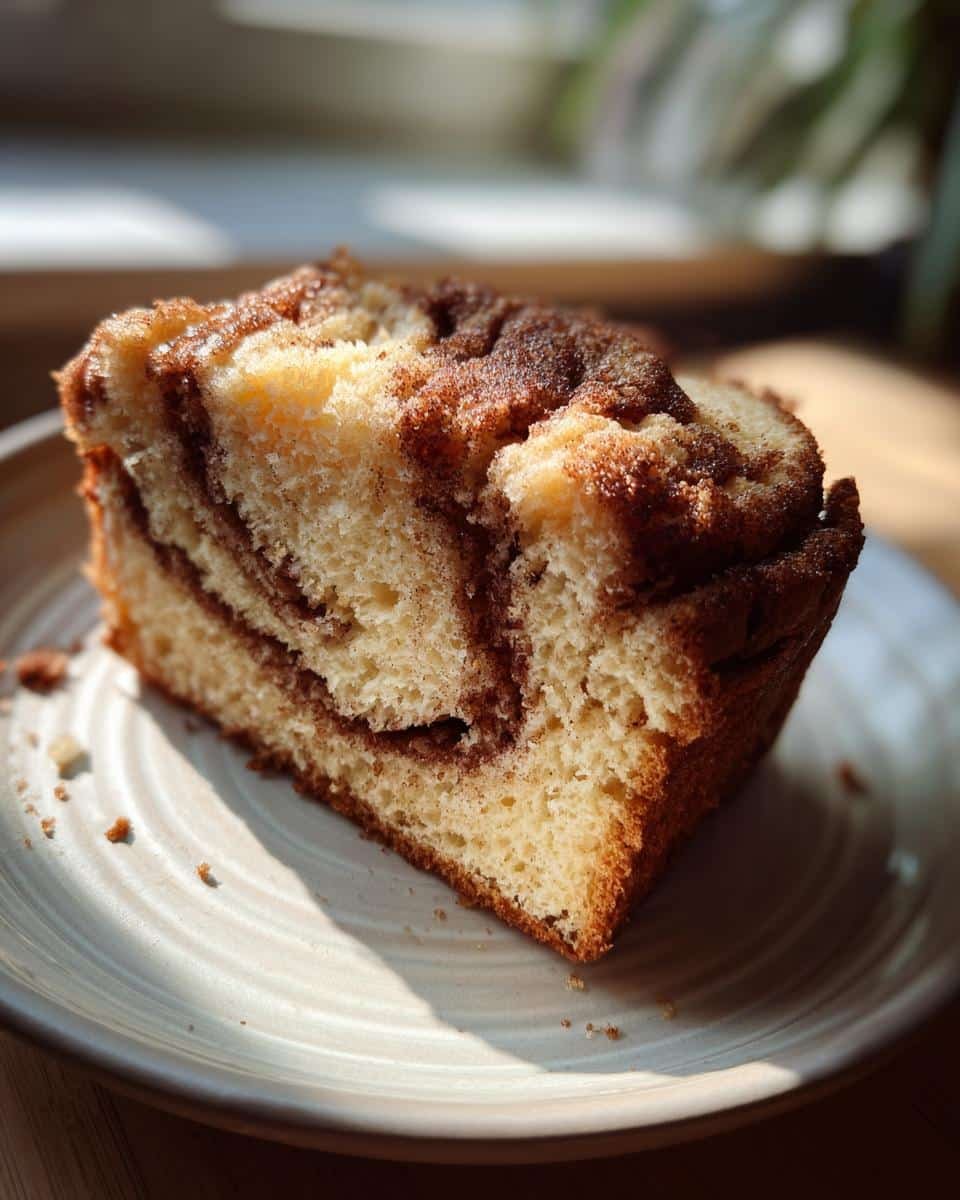 Easy Sourdough Discard Cinnamon Quick Bread in 1 Hour 8 A slice of Sourdough Discard Cinnamon Quick Bread on a plate, showcasing the cinnamon swirl.