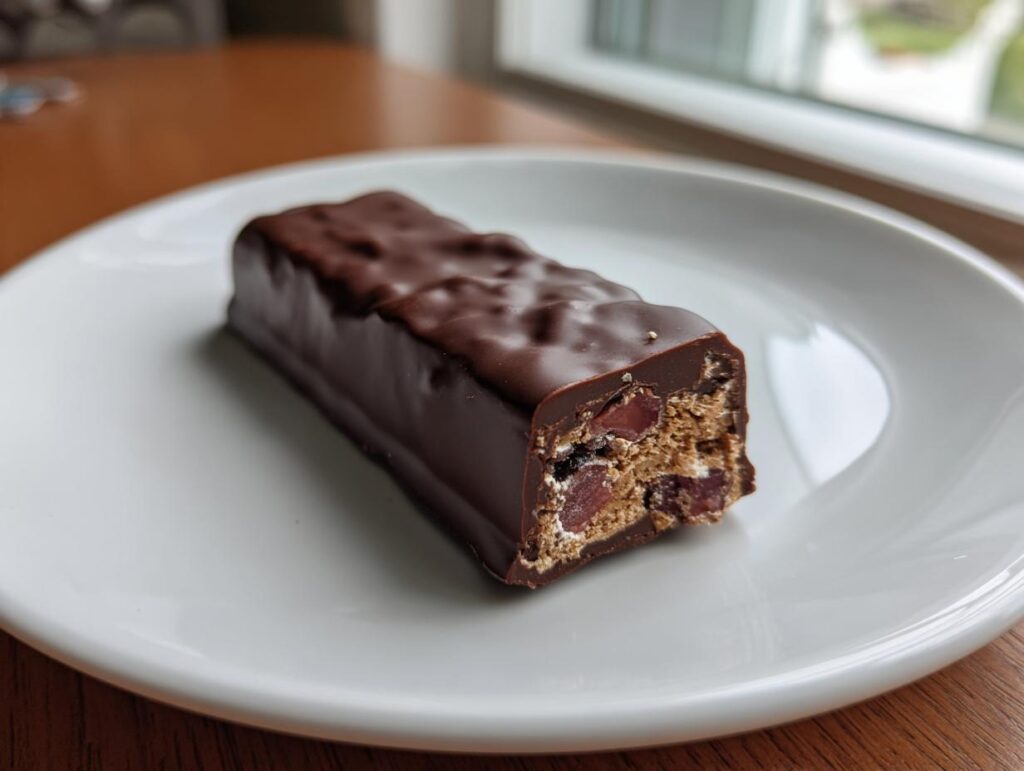 A single Speculoos Chocolate Cherry Bar on a white plate, showing the chocolate coating and cherry filling.