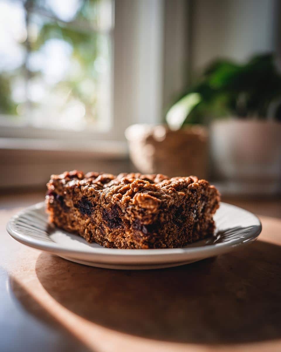 Irresistible Speculoos Chocolate Cherry Bars Recipe 6 A single Speculoos Chocolate Cherry Bar sits on a white plate, showcasing its texture and ingredients.