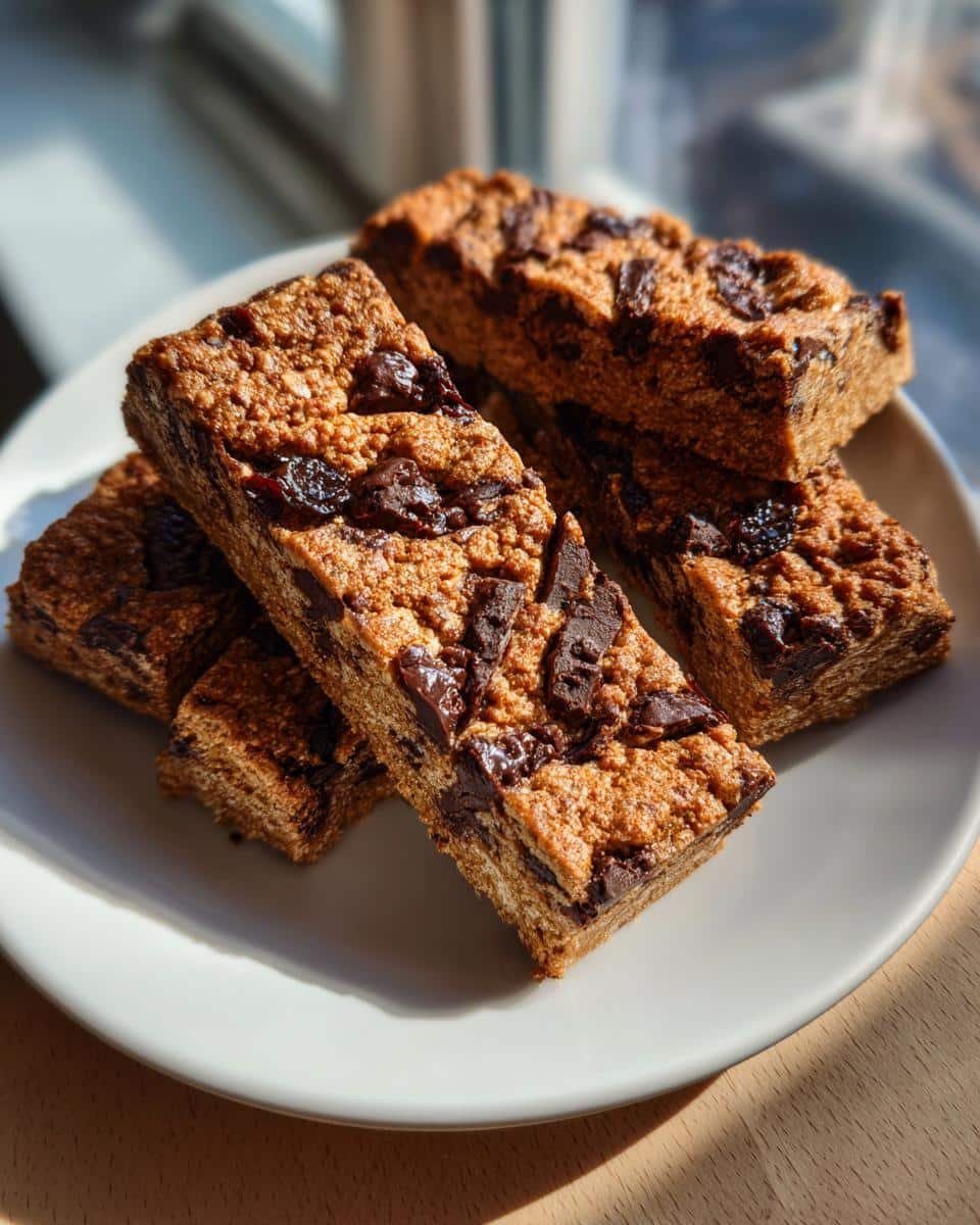 Irresistible Speculoos Chocolate Cherry Bars Recipe 8 A stack of delicious Speculoos Chocolate Cherry Bars on a white plate, ready to be enjoyed.