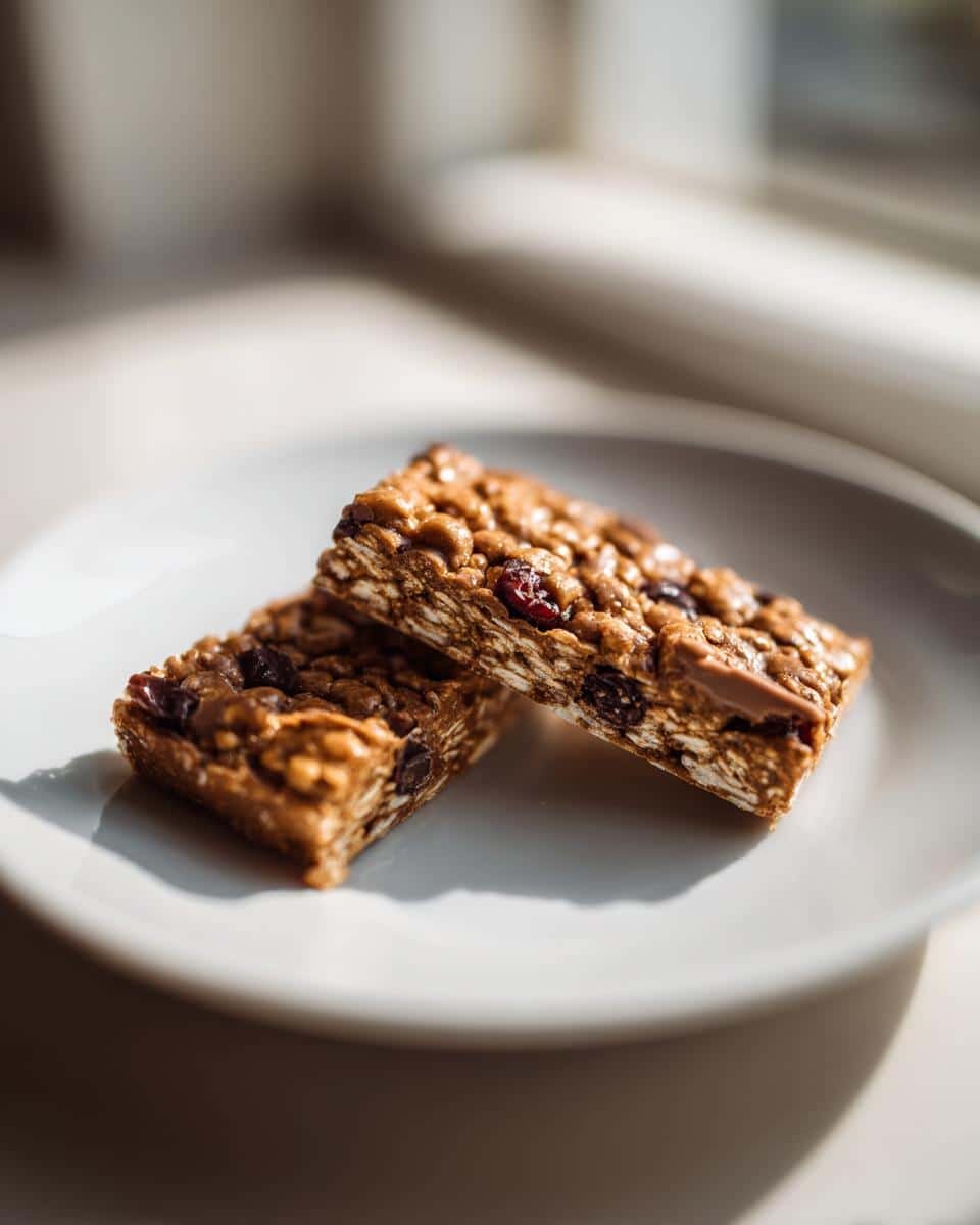 Irresistible Speculoos Chocolate Cherry Bars Recipe 9 Two Speculoos Chocolate Cherry Bars stacked on a white plate, showcasing the cherry and chocolate pieces.