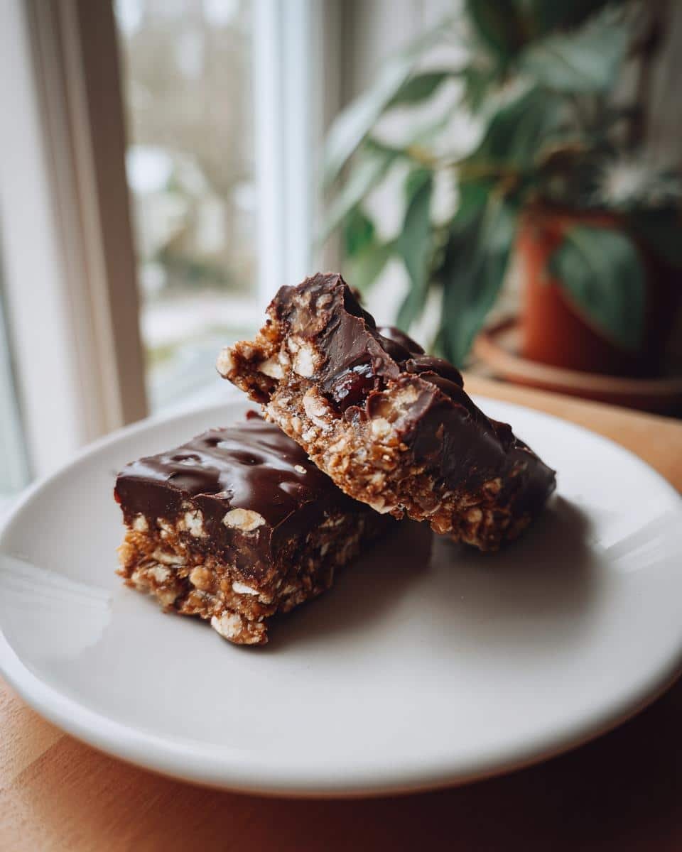 Irresistible Speculoos Chocolate Cherry Bars Recipe 7 Two Speculoos Chocolate Cherry Bars stacked on a white plate, showcasing the chocolate topping and cherry filling.