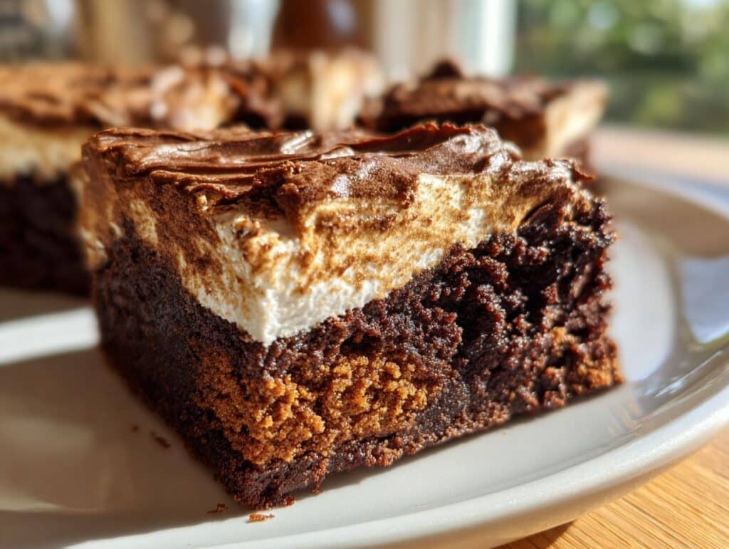 Close-up of a Spiced Mocha Gingerbread Brownie with Creamy Frosting on a plate, showcasing layers.